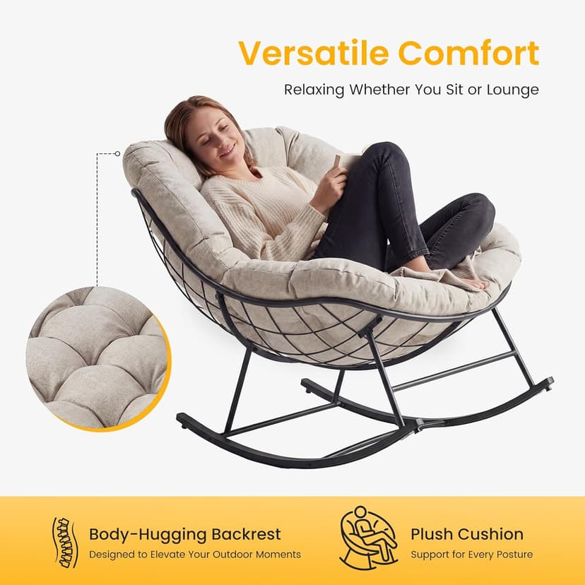 NEWBULIG Outdoor Patio Rocking Chair with 5.5" Thick Cushion, Oversized Egg Lounge Chair, 450 Lbs Heavy Duty, Water-Repellent Fabric, for Garden, Porch, Living Room