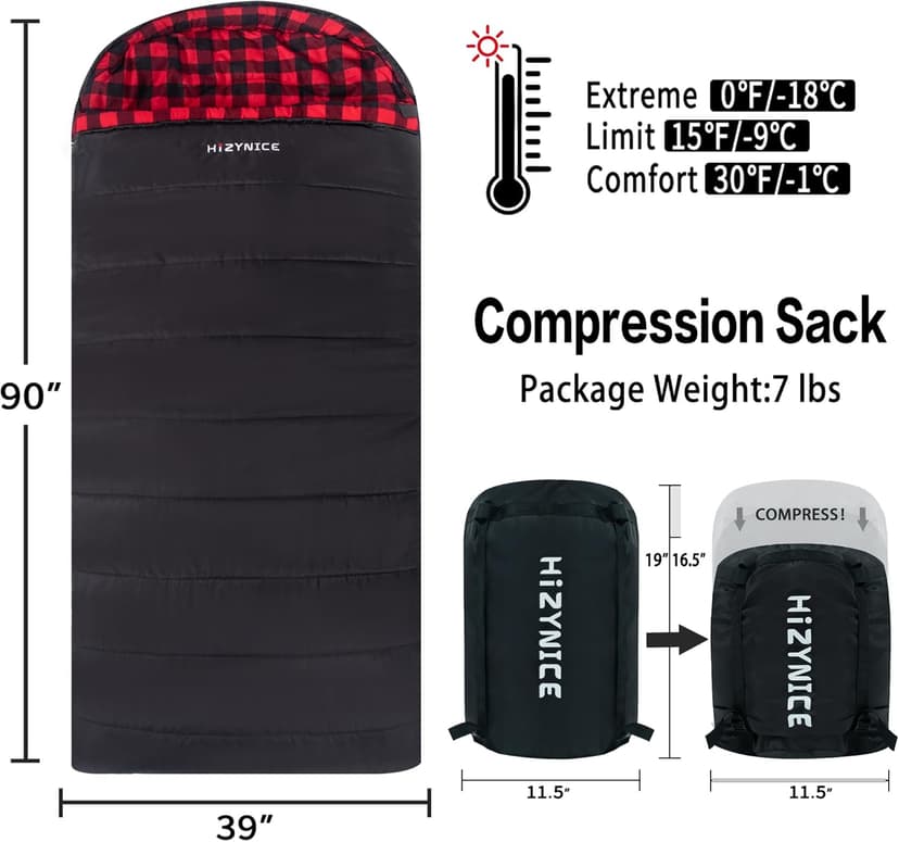 HiZYNICE Cold Weather Sleeping Bag 100% Cotton Flannel XXL for Adults Big and Tall,Free Compression Sack