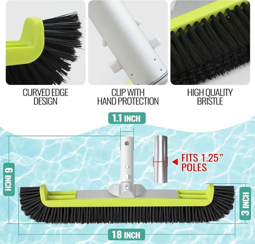 18" Pool Brush Head for Cleaning Swimming Pool Walls, Curved Ends High-Efficiency Scrub Brush for Tile, Fiberglass, Flooring and Vinyl Pools, Fits Φ1.25” Poles (Green & Black)