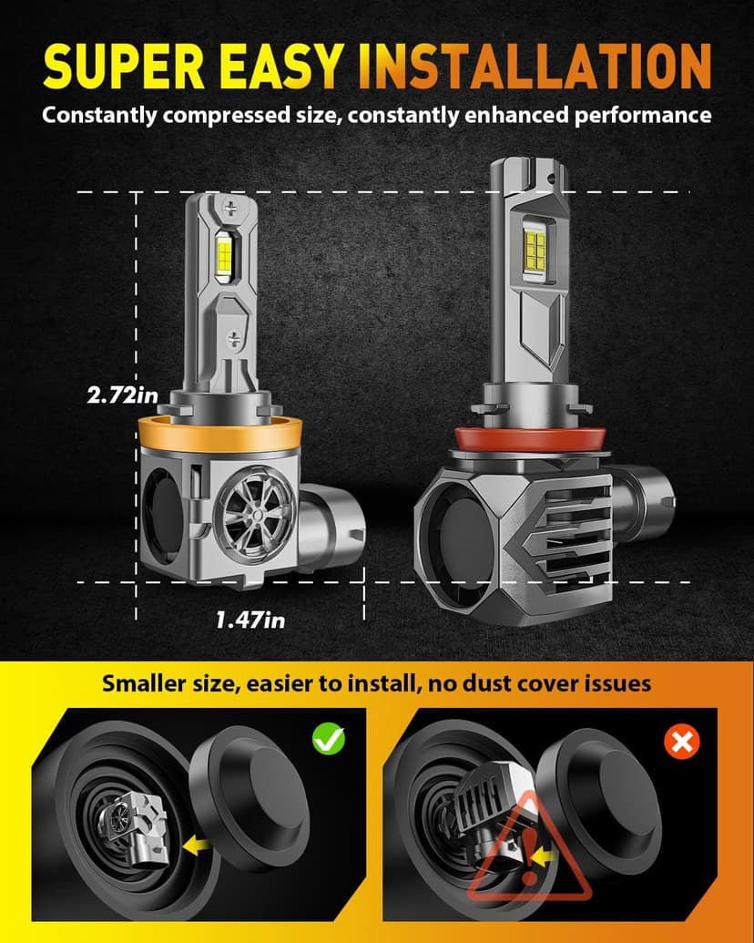Termitor Latest H11 Light Bulbs, 70,000LM Brightness, 6500K Cool White H9/H8/H16 Fog light bulbs, 10-Year Service Life with Cooling Fan, IP68 Waterproof, Real 1:1 Mini Size, Plug and Play, Pack of 2