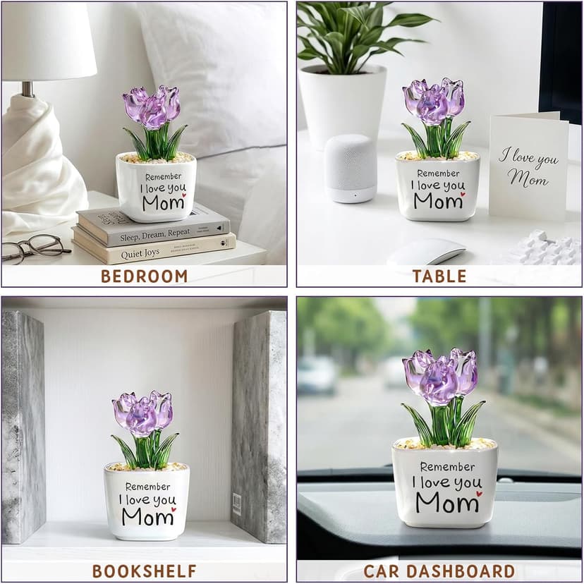 Remember I Love You Mom - Mom Birthday Gifts for Mothers - Collectible Flower Figurine Birthday Gifts for Mom from Daughter Son - Mini Purple Glass Tulip B0GTLL16WJ