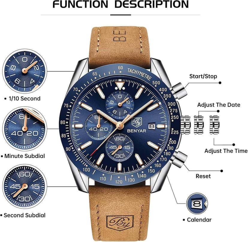 BENYAR Mens Watches Quartz Analog Chronograph Waterproof Wrist Watches for Men Fashion Business Work Casual Sport Dress Watch with Calendar