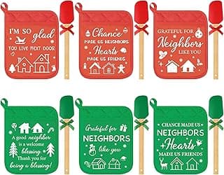 Maxdot 6 Pieces Christmas Neighbor Gifts Potholders with Pocket Silicone Spatula Kitchen Hot Pad Oven Mitts Hot Potholders Christmas Housewarming Kitchen Thank You Gift Cooking Baking for Neighbor