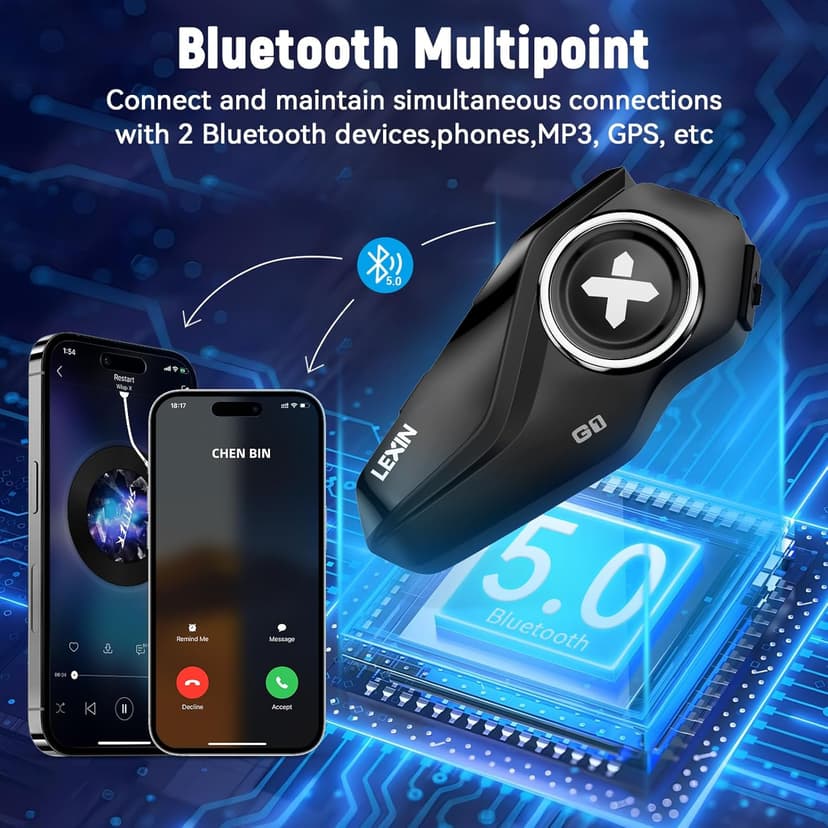 LEXIN G1 Motorcycle Helmet Bluetooth Headset, Helmet Speakers with 2 Type Microphones, Waterproof Motorcycle Headphones with HD Stereo Sound, Hands-Free Call/Music/GPS, 4 Color Faceplates, Single Use