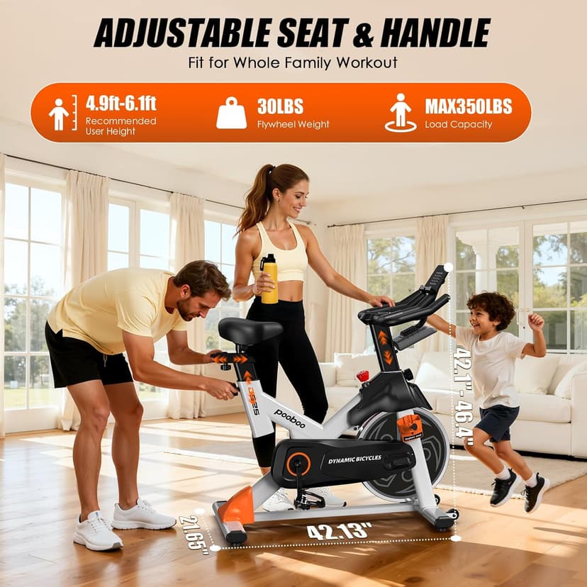 POOBOO Magnetic Exercise Bike, Quiet Stationary Bike with App and 350lbs Weight Capacity, Indoor Cycling Bike with LCD Monitor and Tablet Holder, Heavy Duty Workout Bike for Home Gym Weight Loss Fitness Bike, Adjustable Magnetic Resistance Silent Belt Driver,