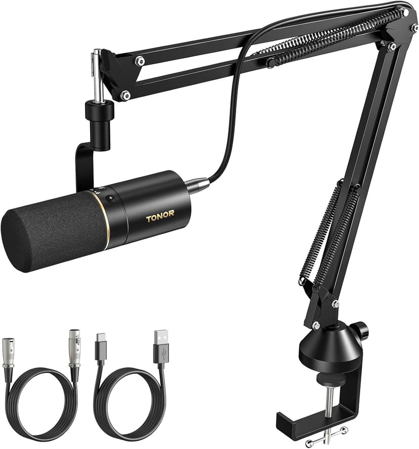 TONOR Dynamic Podcast Microphone, XLR/USB Mic for Podcasting, Recording, Streaming, XLR Cardioid Studio Mic with Quick Mute, 3.5mm Headphone Jack, Volume Control, Microfono with Boom Arm, Black,TD510+
