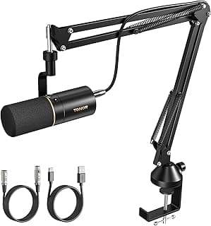 TONOR Dynamic Podcast Microphone, XLR/USB Mic for Podcasting, Recording, Streaming, XLR Cardioid Studio Mic with Quick Mute, 3.5mm Headphone Jack, Volume Control, Microfono with Boom Arm, Black,TD510+