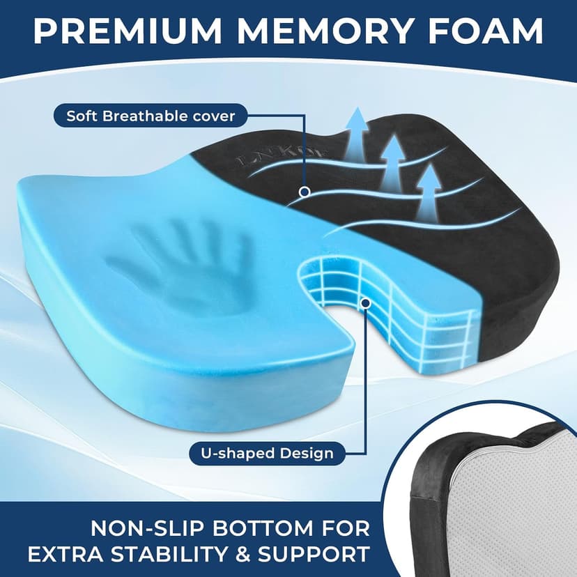 Gel Memory Foam Layer Wheelchair Cushion - Wheelchair Office Chair, Kitchen Chair, Car Seat - Pressure Pain and Tailbone Pain Relief - High Density Foam Base (Black)