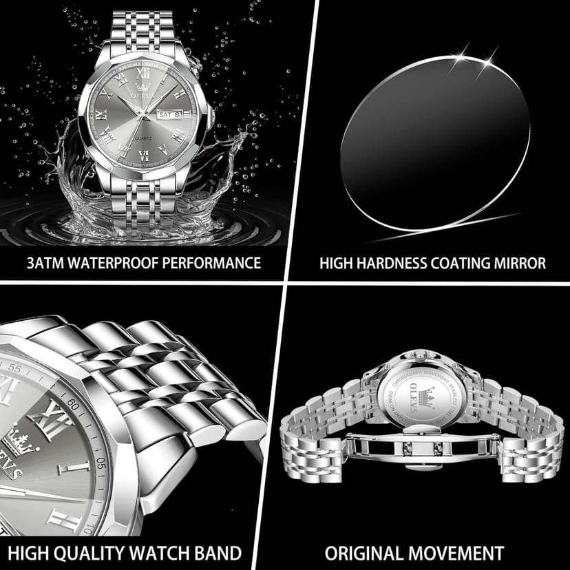 OLEVS Mens Silver Watches Luxury Waterproof Silver Watch for Men Analog Quartz Stainless Steel Men's Dress Watches Classic Casual Wrist Watch Large Face with Date Relojes para Hombres