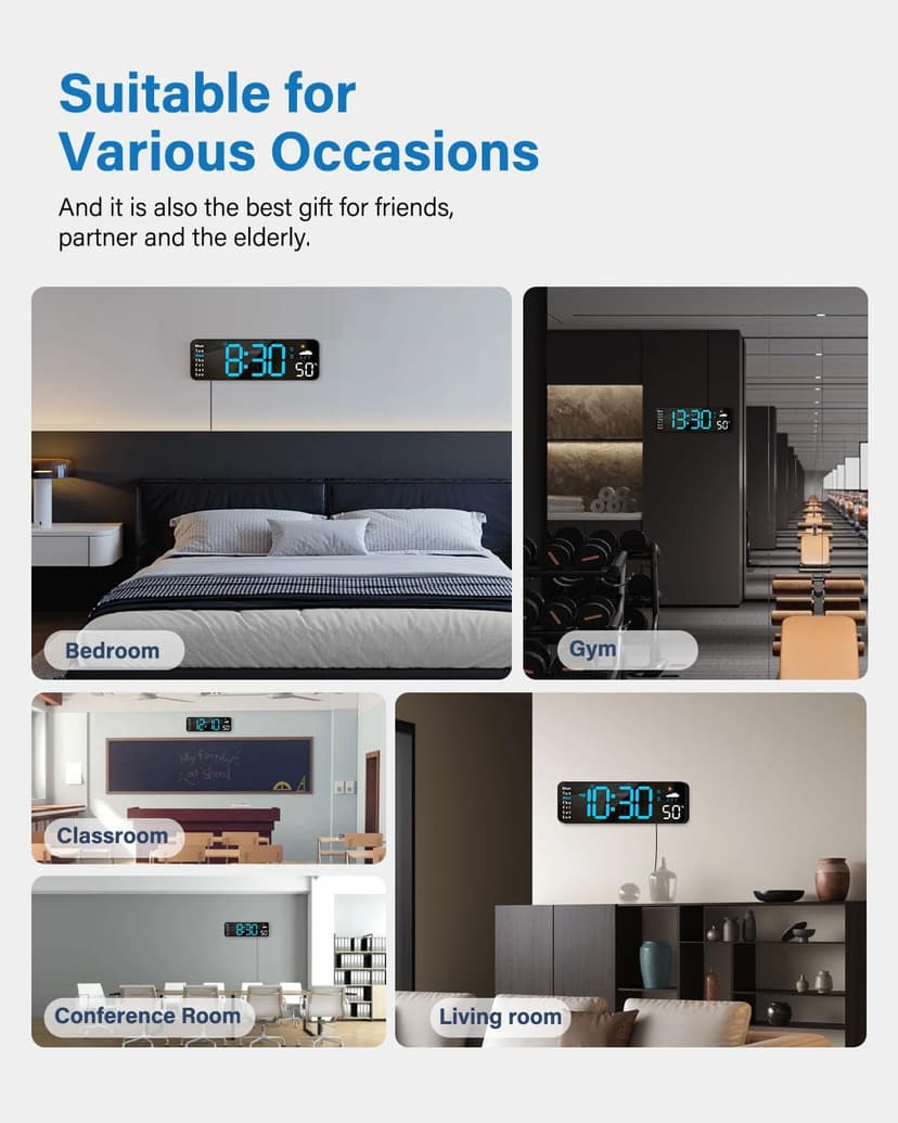 Digital Wall Clock, Digital Clock Large Display with Remote Control, Corded LED Alarm Clocks with Date, Week, Temp, Humidity, Auto DST, Countdown, for Living Room Bedroom Classroom Office (Blue)