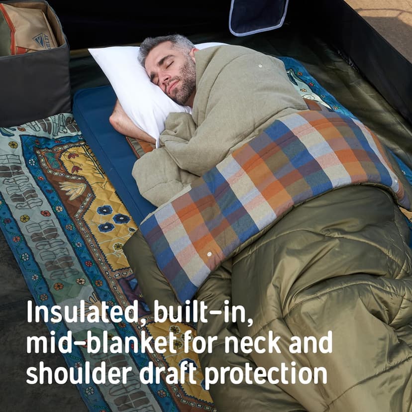 Kelty Wayback Flannel Lined Sleeping Bag, Built in Blanket, Traditional Rectangle Shape, Organic Flannel Cotton Liner, Dual Locking Slide Zips