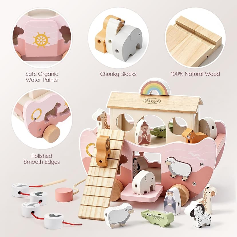 Montessori Educational Toy, Animal Shape Sorter, Christian Toys for Toddler Boy 1-3 Years Old, Christmas Birthday Gift Joyreal Pink Wooden Noah's Ark Toy for 1 Year Old Baby Girl Baptism Gifts B0GCYH2DBZ