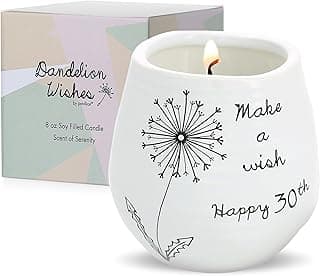 Pavilion - 8 Oz Candle Holder - White Ceramic Candle Jar with 100% Soy Wax Candle Serenity Scent "Make a wish Happy 30th" Ideal Gift for Loved Ones - Printed Text, Love Theme & Oval Shape