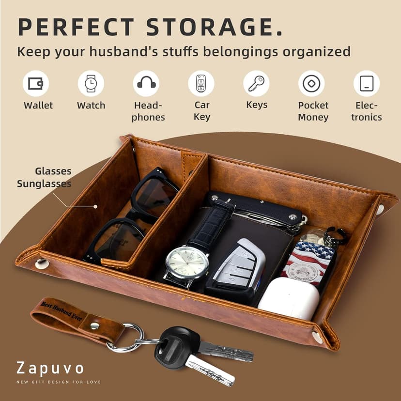 Best Husband Ever PU Leather Tray and Keychain, Men Anniversary Birthday Gifts Ideas for Husband Him Boyfriend Who Has Everything from Wife, Christmas Xmas Gifts Stocking Stuffers for Men Him