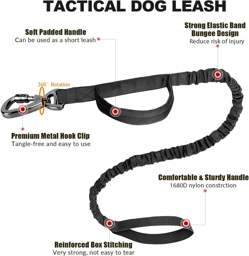 Tactical Dog Collar and Bungee Leash,Military Dog Collar & Leash Set with USA American Flag Adjustable K9 Collar with Heavy Duty Metal Buckle & Handle,with Patches and Airtags Case (L, Black)