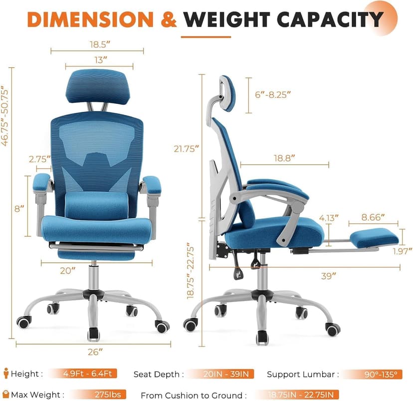 Sweetcrispy Office Computer Desk Chair with Footrest,Ergonomic High-Back Mesh Rolling Work Swivel Chairs with Wheels,Comfortable Lumbar Support,Comfy Arms for Home,Bedroom,Study,Student,Light Blue