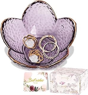 Purple Flower Jewelry Dish Glass Ring Dish Jewelry Tray Cute Vanity Organiser Room Decor Aesthetic Nightstand Bathroom Decor Trinket Dish Ring Holder Valentine's Friendship Birthday Gifts for Women