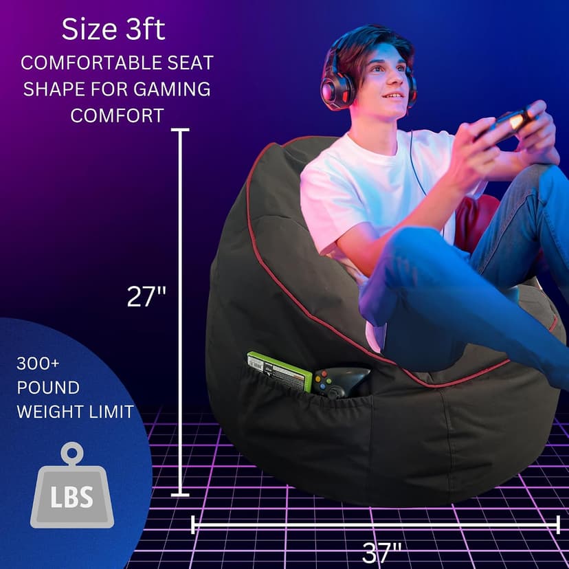 Gaming Bean Bag Chair - for Adults and Teens - (Black/Red (Cover ONLY), 3 ft (Black/Red (Cover ONLY - Beans Sold Separately), 3 ft (Cover Only))