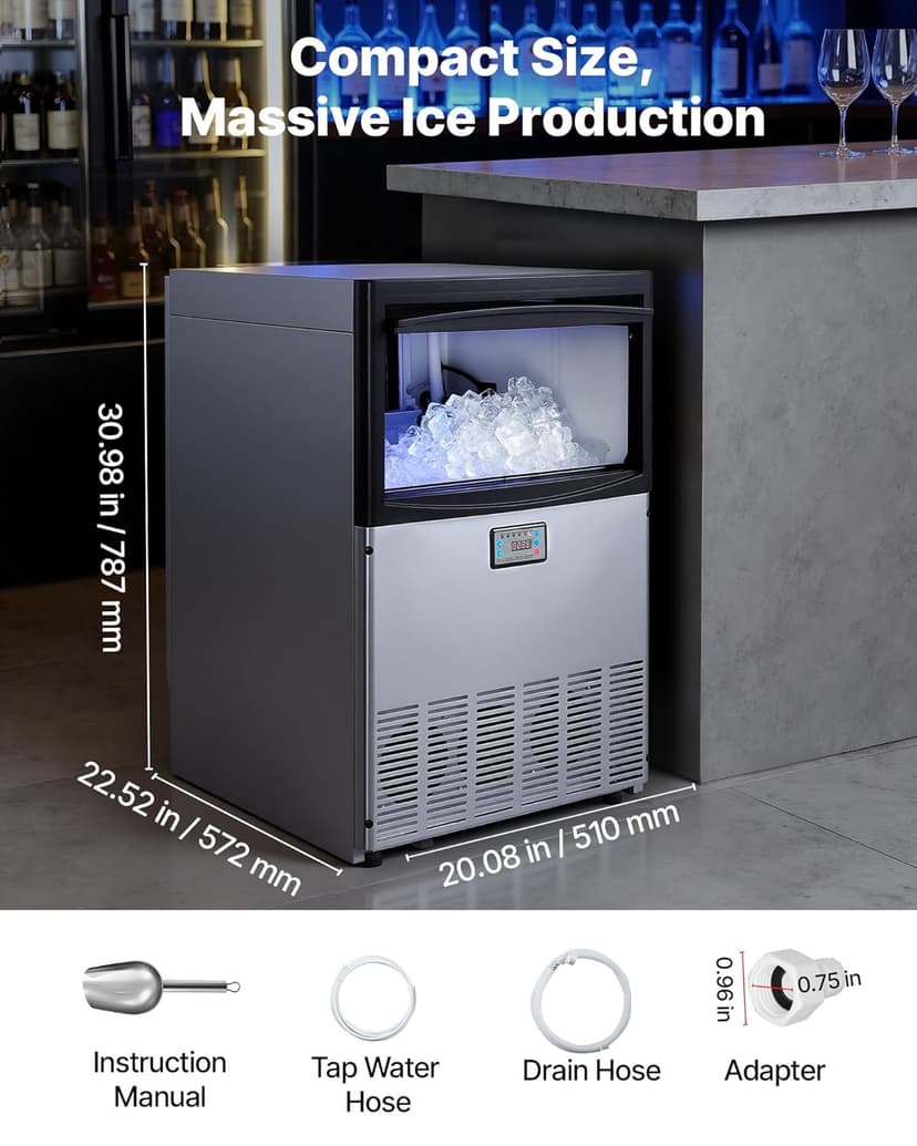 VEVOR Commercial Ice Maker Machine, 200 lbs/24h with 50 lbs Storage Capacity, Built-in/Freestanding/Under Counter, Stainless Steel Ice Maker with LED Display & Self-Cleaning, for Home Bar Restaurant