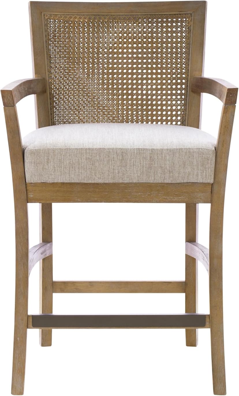 Madison Park Bar Stool with Rattan Back, Wood Counter Height Barstools, Farmhouse Stools with Open Arm Design, Mid-Century Modern Upholstered Bar Chair for Kitchen Island, 18.5" D x 18.5" W x 25.5" H
