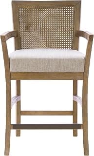 Madison Park Bar Stool with Rattan Back, Wood Counter Height Barstools, Farmhouse Stools with Open Arm Design, Mid-Century Modern Upholstered Bar Chair for Kitchen Island, 18.5" D x 18.5" W x 25.5" H