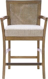 Madison Park Bar Stool with Rattan Back, Wood Counter Height Barstools, Farmhouse Stools with Open Arm Design, Mid-Century Modern Upholstered Bar Chair for Kitchen Island, 18.5" D x 18.5" W x 25.5" H