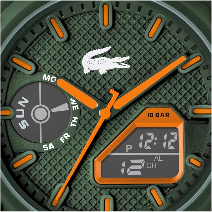 Lacoste LC33 Men's Analog-Digital Watch – TR90 Case, World Clock, Stopwatch, Alarm, Backlight, Textured Silicone Strap, Premium Fashion Timepiece - Gift for Him - 45mm