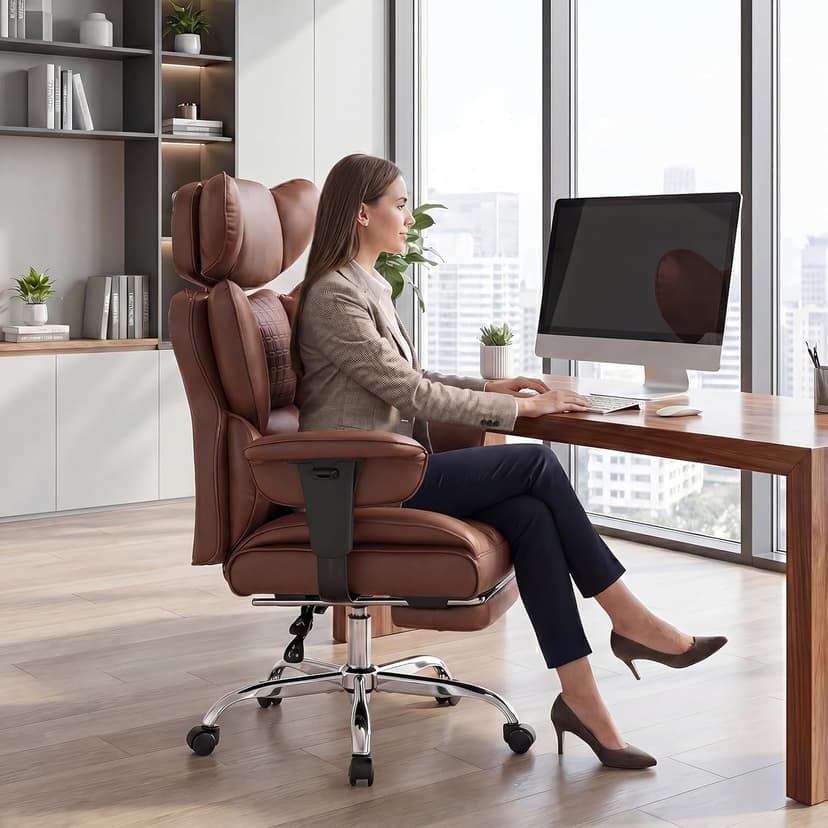 DUMOS Big and Tall Home Office Desk Chair, Gaming Computer Chair, Executive Ergonomic Chair with Footrest, High Back Reclining, Adjustable Armrests and Comfy Lumbar Support, PU Leather, Brown