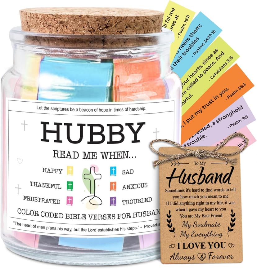 NewEleven Gifts For Husband - Husband Birthday Gift, Christian Gift For Him, Husbands - Anniversary Present For Him Hubby From Wife, Her - Decorative Glass Scripture Jar With 92 Bible Verse