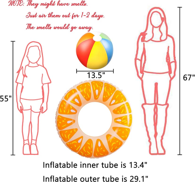 90shine 7PCS Fruit Pool Floats: Watermelon Kiwi Orange Lemon Swimming Rings with 13.5" Beach Balls - Inflatable Tubes Floaties Toys for Kids Adults