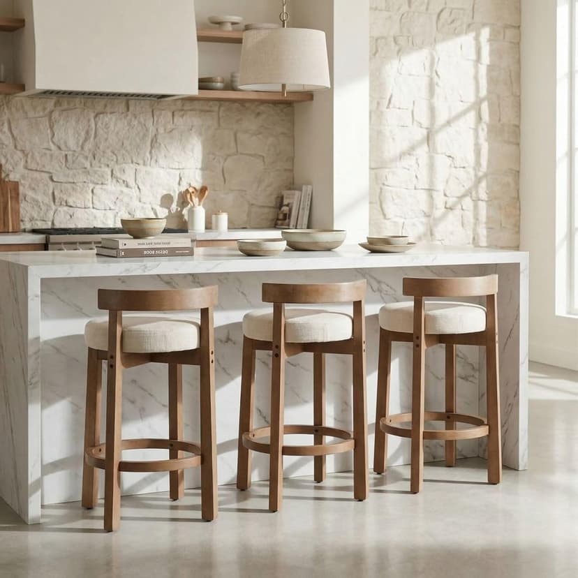 LukeAlon Mid Century Linen Counter Stools Set of 3, Upholstered 26.5" Seat Height Low Barstools with Natural Wood Legs Round Low Back Kitchen Stools with Footrest for Dining Room, Beige