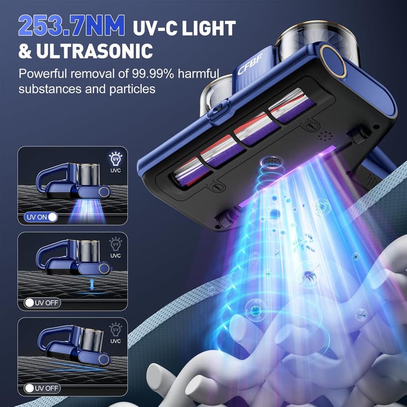 Mattress Vacuum Cleaner, Bed Vacuum Cleaner with 16Kpa Suction 253.7nm UV-C Light, Ultrasonic & High Heating, 500W Powerful Double-Cup Handheld Vacuums for Bed, Sofa, Couch, Crib, 16.4FT Corded