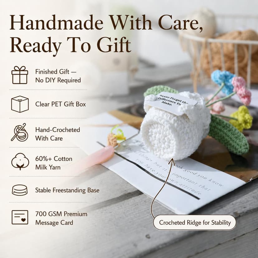 Cute Gifts for Women, Boss Day, Teacher Appreciation, Coworker & Nurse Thank You Gift, Desk Decor, 4.7 In H × 2.4 In W Forget-Me-Not Crochet Flower Potted Plant Gift B0F26ST99P