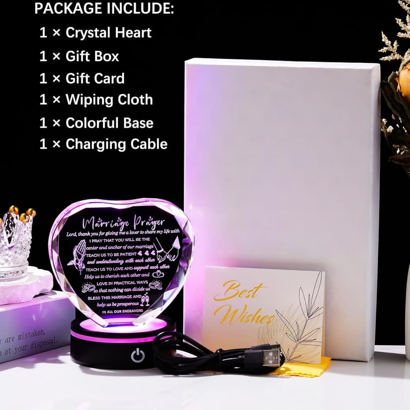 YWHL Wedding Gifts for Couples Crystal Heart Anniversary Marriage Prayer Plaque with Colorful LED Base Wedding Gift with Inspiring Quotes, Unique Newlywed Gifts Mr and Mrs Gifts Bridal Shower Gifts