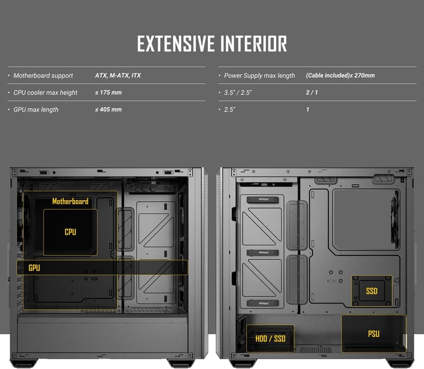 Antec P7 S, 4 x 120mm PWM Fans Included, Dual Side Front Mesh Intake, 360mm Top Radiator Support, Type-C 3.2 Gen 2, Sound-Dampening Side Panels, Mid-Tower ATX PC Case