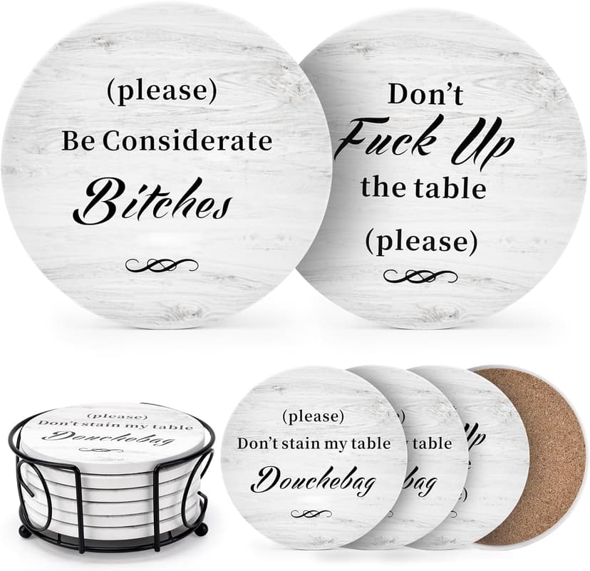 White Elephant Gifts for Adults, Funny Coasters Set of 6 with Holder Christmas Stocking Stuffers for Men Women, Gag Gifts Couples Birthday Housewarming Secret Santa Cool Friend Presents for Her Him