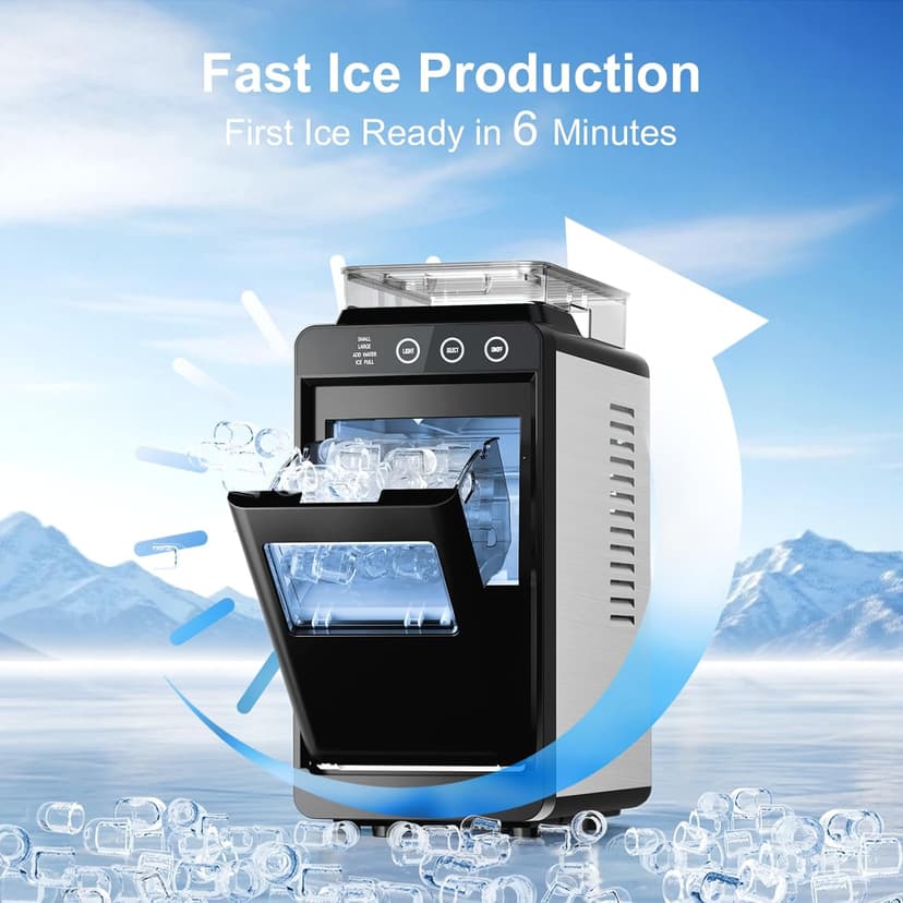 Kismile Countertop Ice Maker, Portable Ice Maker Machine 26lbs/24H, Dual Water Tank Design, Small & Large Bullet Ice, Self-Cleaning, Internal Lighting for Home Kitchen, Office & RV