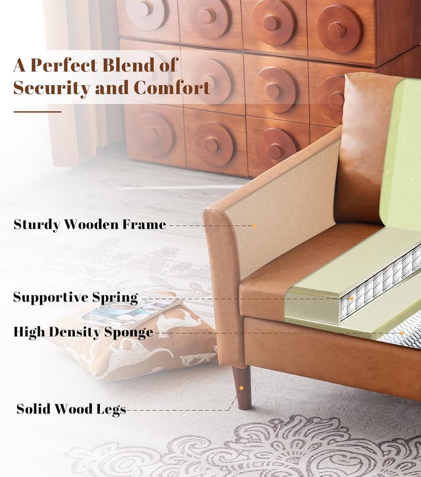 Kingfun Faux Leather 3 Seat Couch for Living Room, Mid Century Modern Sofa with Rolled Arms and Deep Seats, Fluffy Comfort for Apartment, Easy to Assemble, Chestnut