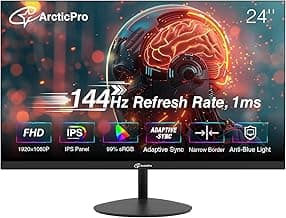 ArcticPro 24inch Computer Monitor, FHD 1080p, 144Hz Office and Gaming Monitor, IPS, Adaptive Sync, 110% sRGB, 1ms, 3-Sided Frameless, Ultra Slim, VESA Mountable, Anti-Blue Light Design, HDMI, DP