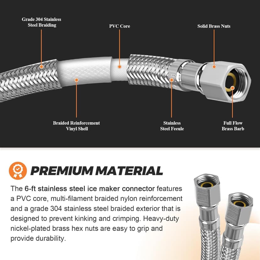 UPGRADE Ice Maker Water Connector Line by Beaquicy - 6 FT (72-Inch) Stainless Steel Braided Hoses with 1/4-in Compression x 1/4-in Compression