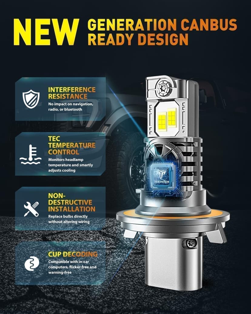 Termitor Brightest H13/9008 LED Bulbs, 10X Brighter 50,000LM, 85K+ Hours Service Life, 6500K Cool White, IP68 Waterproof, 1:1 OEM Size, 3 Minute Installation, Pack of 2