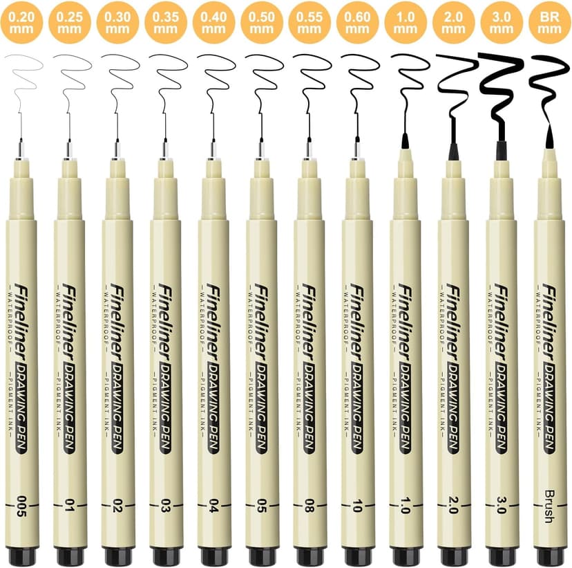 Micro Fineliner Black Drawing Pens,12 Waterproof Watercolor Painting Art Supplies Adults Anime Gifts Artist Fine Line Marker Archival Ink Micron Set Sketch Outline Manga Sketching Zentangle Teen Stuff