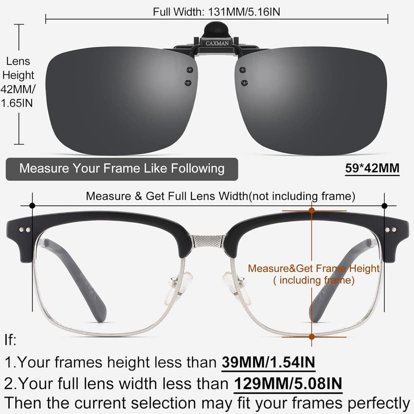 CAXMAN Polarized Clip-on Flip Up Metal Clip Rimless Sunglasses for Prescription Glasses