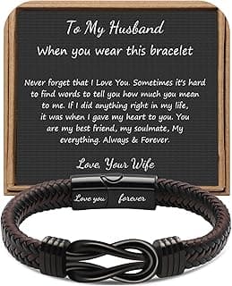 𝗞𝗻𝗼𝘁 𝗕𝗿𝗮𝗰𝗲𝗹𝗲𝘁 𝗚𝗶𝗳𝘁𝘀 𝗳𝗼𝗿 𝗠𝗲𝗻 Brown Braided Leather Stainless Steel Infinity Bracelets Lettering Love You Forever Gifts for Son Grandson Husband Boyfriend Brother Always Linked Together