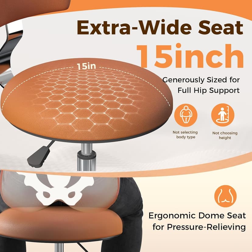Rolling Stool Chair with Wheels, Office Drafting Chair with Back Support, Height Adjustable Standing Desk Stool with PU Leather Cushion for Home Office Kitchen Vanity Spa Garage Tattoo Dentist, Camel