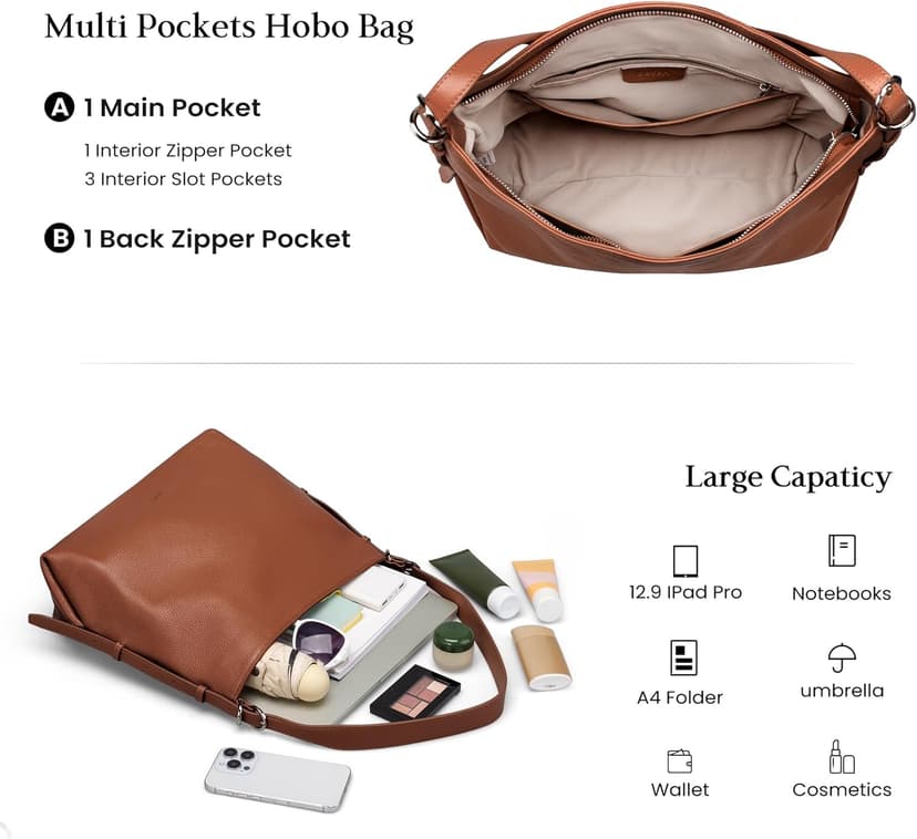 befen Genuine Leather Crossbody Hobo Purses for Women, Ladies Shoulder Bags Handbags with 2 Shoulder Straps