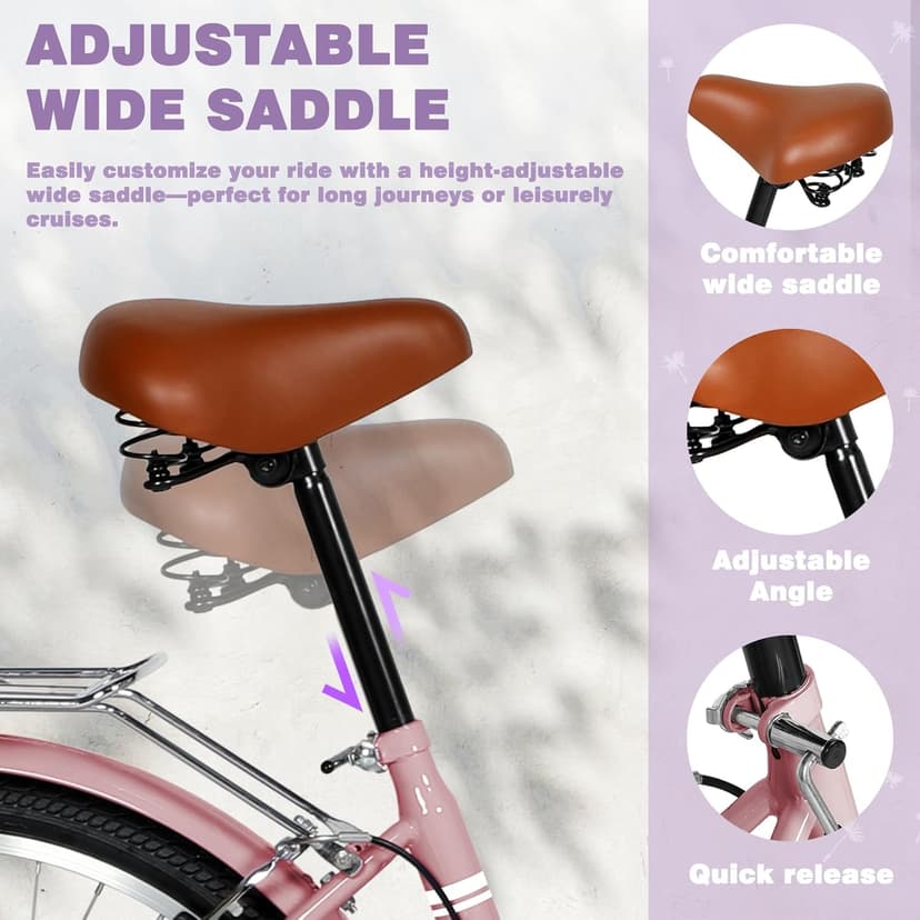 Beach Cruiser Bike for Adult, 24 & 26 Inch Comfort Bikes with Rattan Front Basket, Womens Bicycle with Adjustable Seat and Dual V-Brake (Pink & White & Green & Purple & Black)