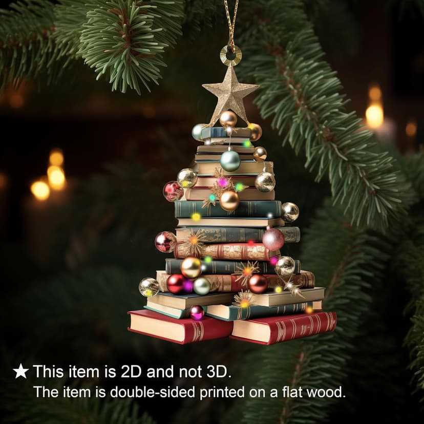 2D Flat Wooden Christmas Books Ornament, Book Lover Christmas Ornament, Book Lover Christmas Gifts, Christmas Book Tree Ornament, Book Club Ornament, Pack of 2