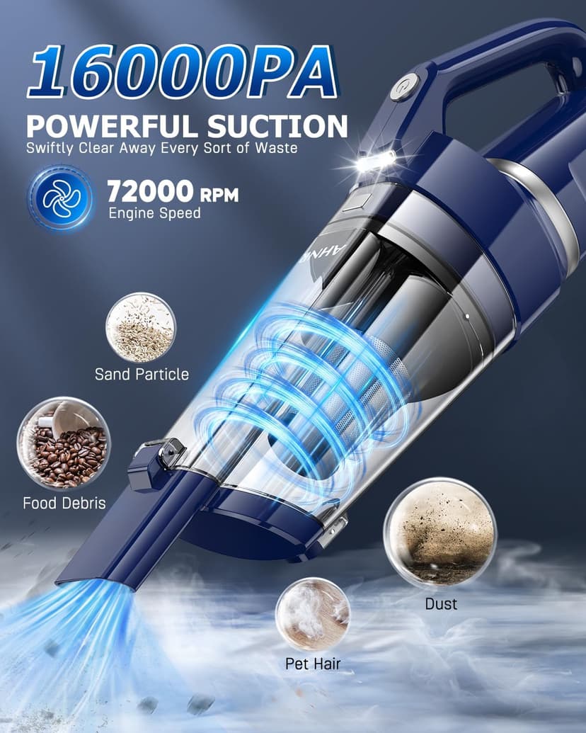 AHNR Handheld Vacuum Cordless, 16000PA Powerful Suction Hand Held Vacuum Dust Busters Cordless Rechargeable with LED Light & 2 HEPA Filters, Portable Car Vacuum Cleaner High Power for Car Home Office