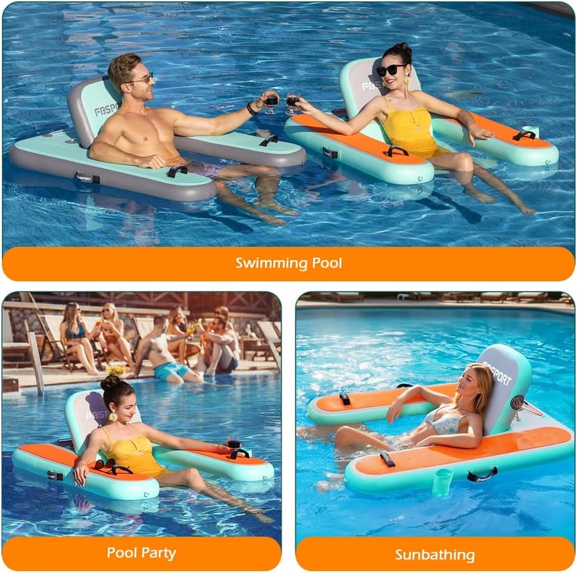 FBSPORT Inflatable Pool Float Lounger for Adults, Water Floating Chair Pool Float Raft with Cup Holder and Backrest for Swimming Pool, Lake, Party and Beach